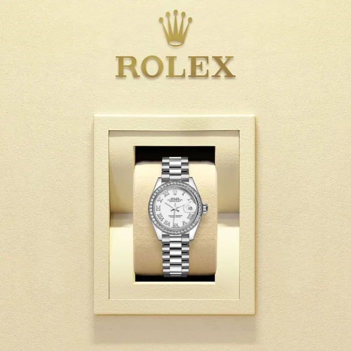 Bracelets Rolex Rolex LadyDatejust 28mm Ref 279136rbr0013 White Diamond Dial Diamond Bezel 18K White Gold Presidential Bracelet Womens Watch