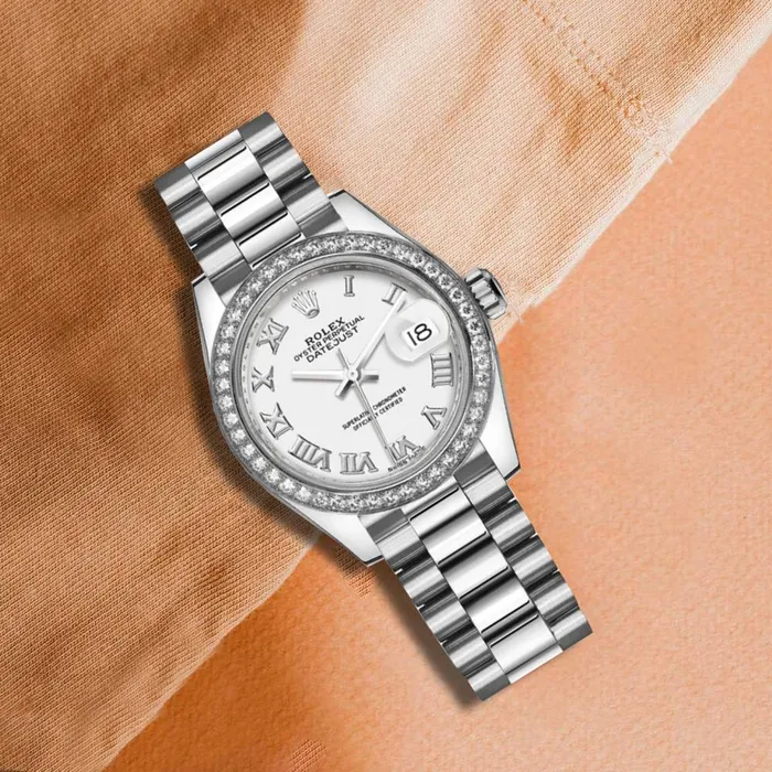 Bracelets Rolex Rolex LadyDatejust 28mm Ref 279136rbr0013 White Diamond Dial Diamond Bezel 18K White Gold Presidential Bracelet Womens Watch