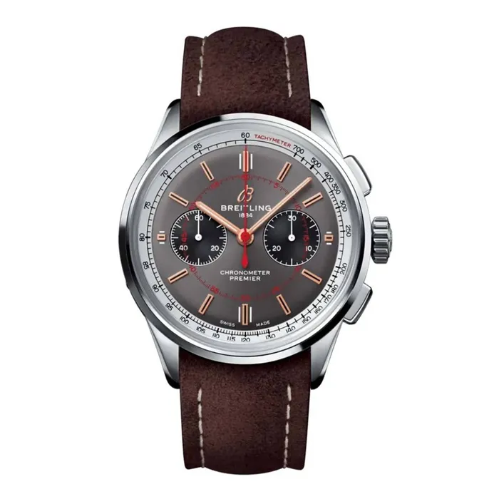 Breitling Watches Breitling Premier 42mm Watch Ref AB0118A31B1X2 Anthracite Gray Chronograph Index Dial Brown Calfskin Leather Breitling Watches Breitling Premier 42mm Watch Ref AB0118A31B1X2 Anthracite Gray Chronograph Index Dial Brown Calfskin Leather