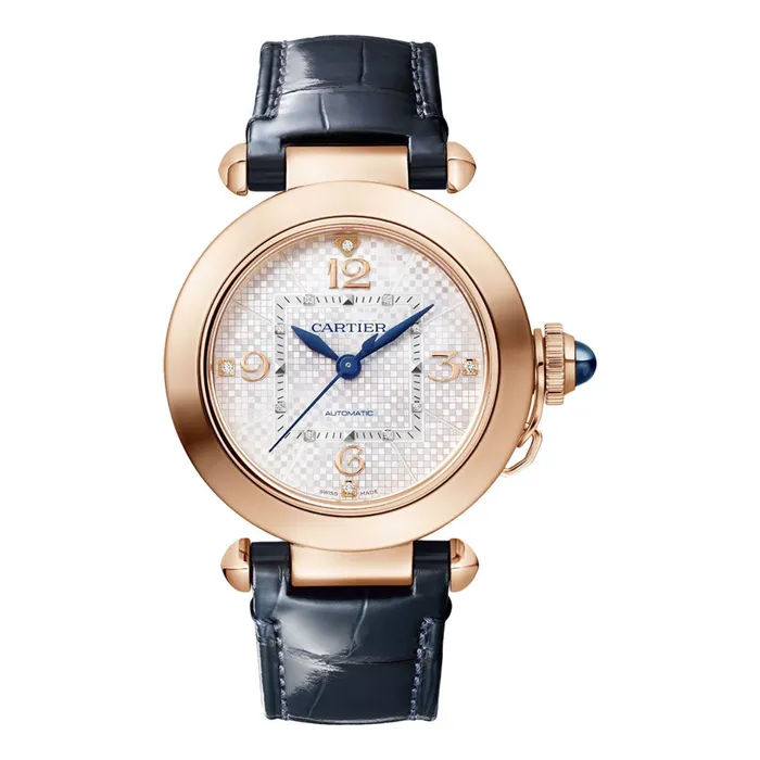 Cartier Cartier Pasha de Cartier 35mm Womens watch Ref WGPA0027 Silver Arabic Diamond Dial in 18K Rose Gold Case Blue Leather Strap Watches Cartier Cartier Pasha de Cartier 35mm Womens watch Ref WGPA0027 Silver Arabic Diamond Dial in 18K Rose Gold Case Blue Leather Strap Watches