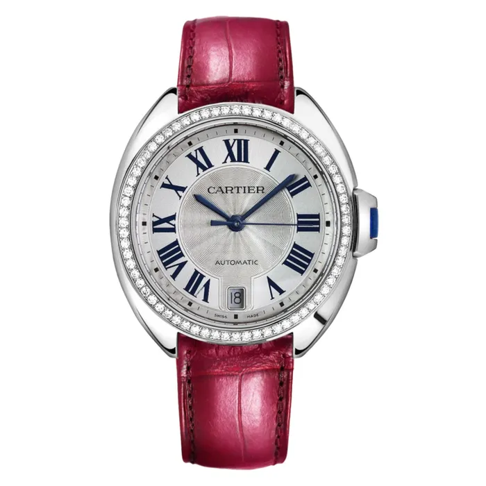 Cartier Cle de Cartier 35mm Womens watch Ref WJCL0014 Silver Roman Dial Diamond Bezel in 18K White Gold Case Pink Leather Strap Cartier Watches Cartier Cle de Cartier 35mm Womens watch Ref WJCL0014 Silver Roman Dial Diamond Bezel in 18K White Gold Case Pink Leather Strap Cartier Watches