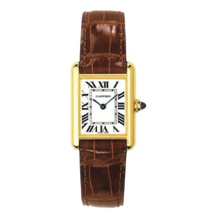 Cartier Tank Louis 295mm Womens watch Ref W1529856 Silver Roman Dial in 18K Yellow Gold Case Brown Alligator Strap Cartier Earrings