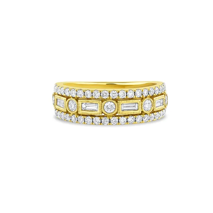 CJ Charles Jewelers 18k Yellow Gold 077ctw Diamond Round and Baguette 3 row Ring Rings CJ Charles Jewelers 18k Yellow Gold 077ctw Diamond Round and Baguette 3 row Ring Rings