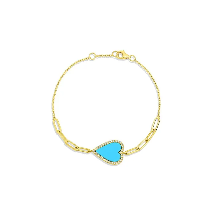 CJ Charles Jewelers Bracelets 14kt Yellow Gold Turquoise Diamond Heart Bracelet CJ Charles Jewelers Bracelets 14kt Yellow Gold Turquoise Diamond Heart Bracelet