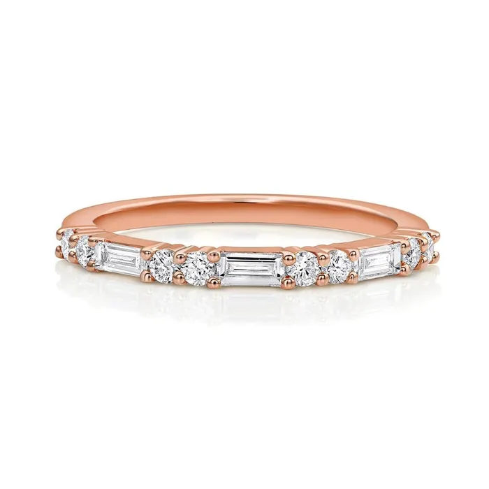 CJ Charles Jewelers Rings 18kt Rose Gold Baguette Round Brilliant Diamond Half Band