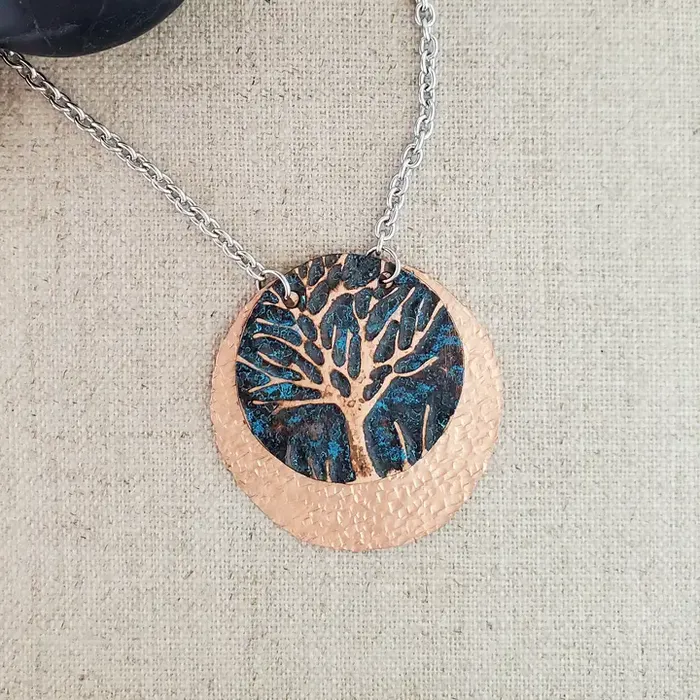 Covaly Artisan Jewelry Necklaces Embossed Copper Circle Layered Tree Necklace Covaly Artisan Jewelry Necklaces Embossed Copper Circle Layered Tree Necklace