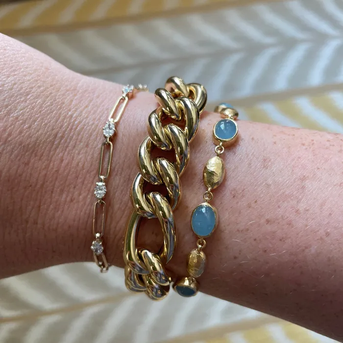 Croghans Bracelets Milky Aquamarine 14K Gold Hammered Bead Station Bracelet
