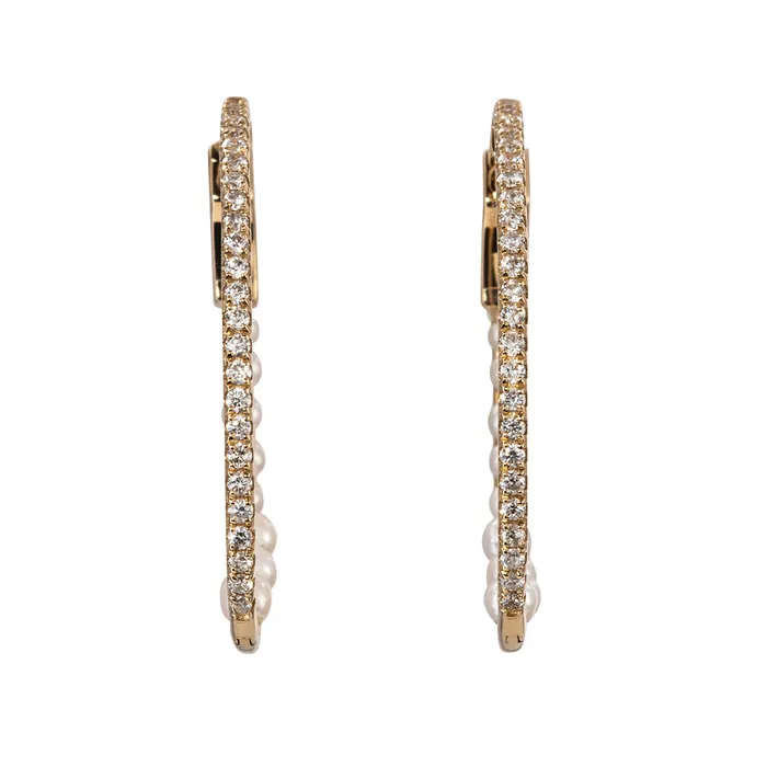 Croghans Earrings Pearl Diamond Pav 14K Gold Oval Hoop Earrings