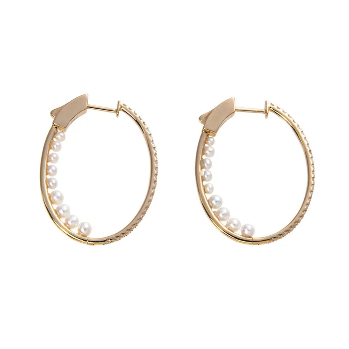 Croghans Earrings Pearl Diamond Pav 14K Gold Oval Hoop Earrings