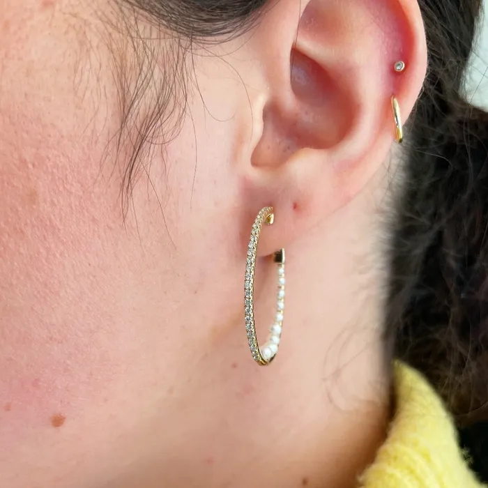 Croghans Earrings Pearl Diamond Pav 14K Gold Oval Hoop Earrings
