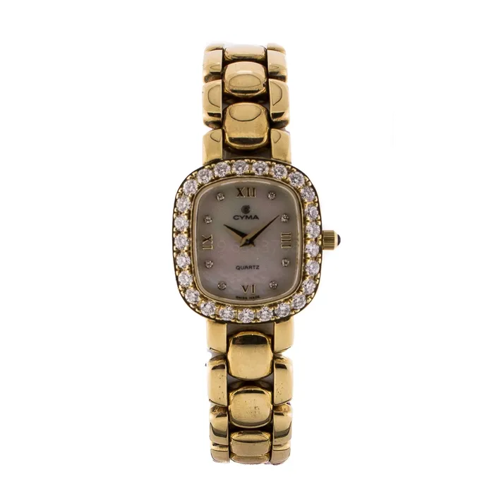 Cyma Ladies Watch 18K Yellow Gold MOP Dial Diamonds 22mm Quartz FINAL SALE SOLD AS IS Cyma PreStyled Sets