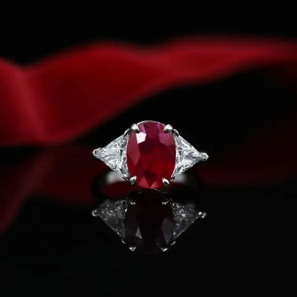 Diamond Source NYC Rings Diffused Red Ruby Oval Shape Trillion Cut Diamond Ring Set in Platinum 560ct tw Diamond Source NYC Rings Diffused Red Ruby Oval Shape Trillion Cut Diamond Ring Set in Platinum 560ct tw