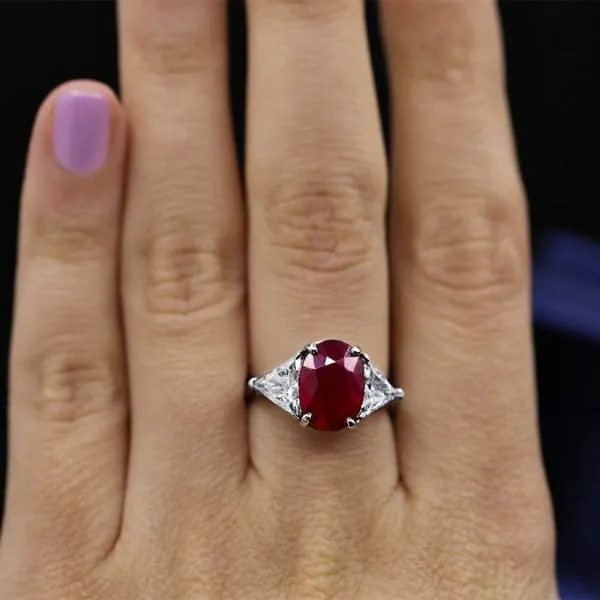 Diamond Source NYC Rings Diffused Red Ruby Oval Shape Trillion Cut Diamond Ring Set in Platinum 560ct tw Diamond Source NYC Rings Diffused Red Ruby Oval Shape Trillion Cut Diamond Ring Set in Platinum 560ct tw