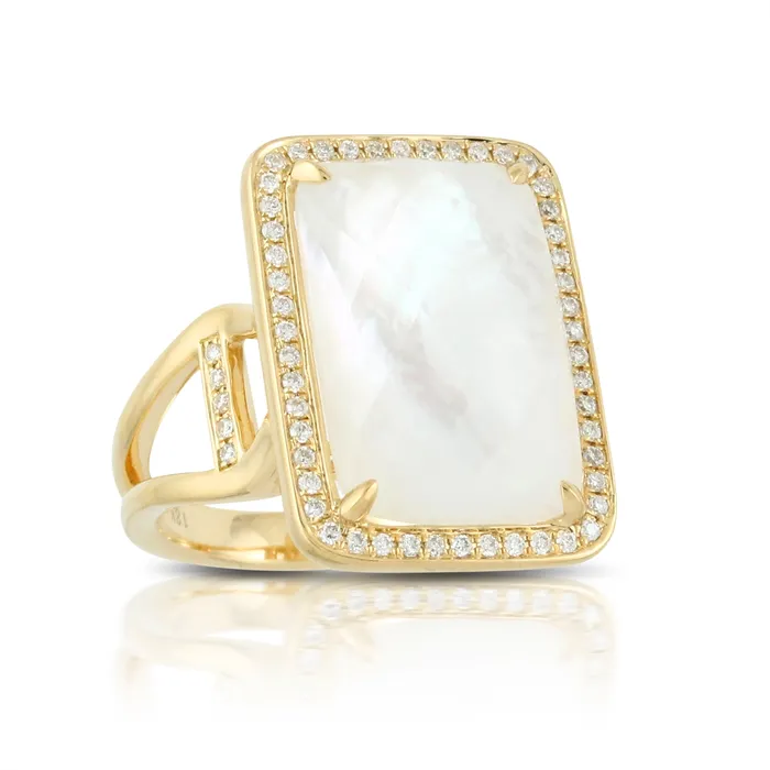 Doves 18K Yellow Gold Rectangular Clear Quatz over Mother of Pearl with Diamond Halo Ring Doves Rings Doves 18K Yellow Gold Rectangular Clear Quatz over Mother of Pearl with Diamond Halo Ring Doves Rings