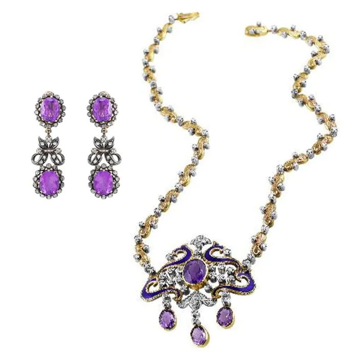 Earrings CJ Charles Jewelers 19k Gold and Silver Victorian Silver Diamond Amethyst Necklace Earrings Earrings CJ Charles Jewelers 19k Gold and Silver Victorian Silver Diamond Amethyst Necklace Earrings