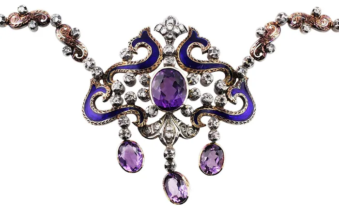 Earrings CJ Charles Jewelers 19k Gold and Silver Victorian Silver Diamond Amethyst Necklace Earrings