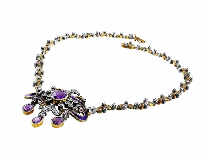 Earrings CJ Charles Jewelers 19k Gold and Silver Victorian Silver Diamond Amethyst Necklace Earrings