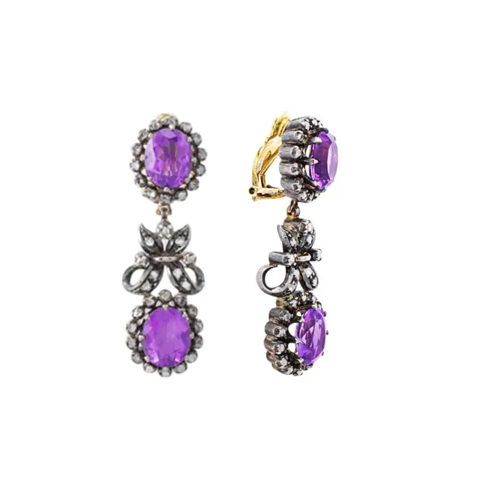 Earrings CJ Charles Jewelers 19k Gold and Silver Victorian Silver Diamond Amethyst Necklace Earrings