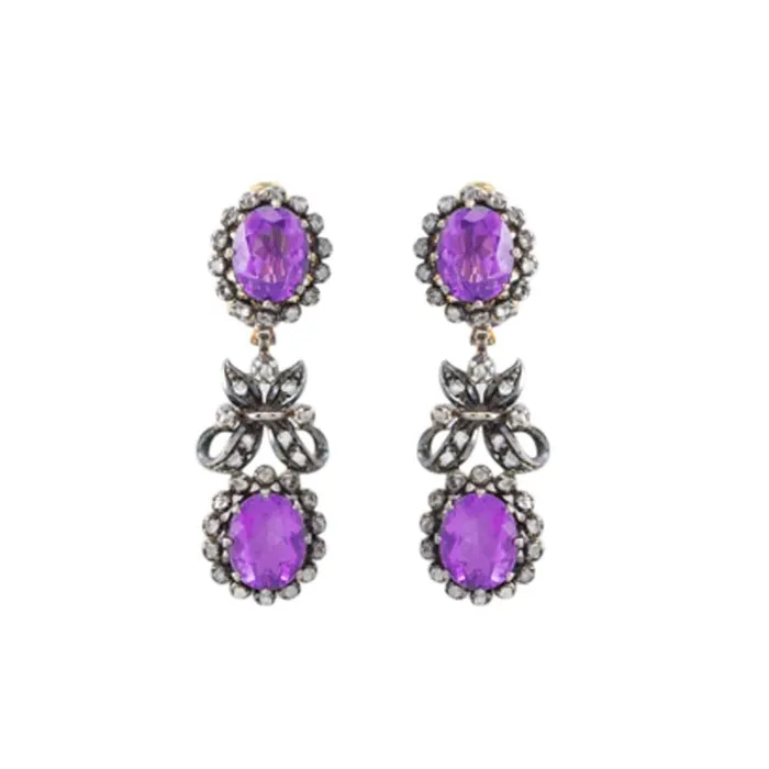 Earrings CJ Charles Jewelers 19k Gold and Silver Victorian Silver Diamond Amethyst Necklace Earrings