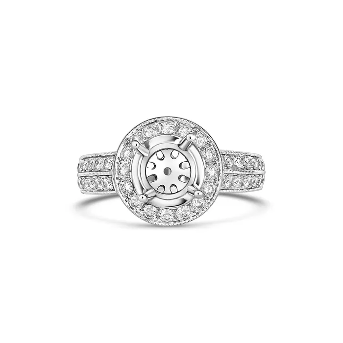Engagement Collections PreStyled Sets 18K White Gold Semi Mount Round Halo Two Row Sides Bead Set Engagement Collections PreStyled Sets 18K White Gold Semi Mount Round Halo Two Row Sides Bead Set