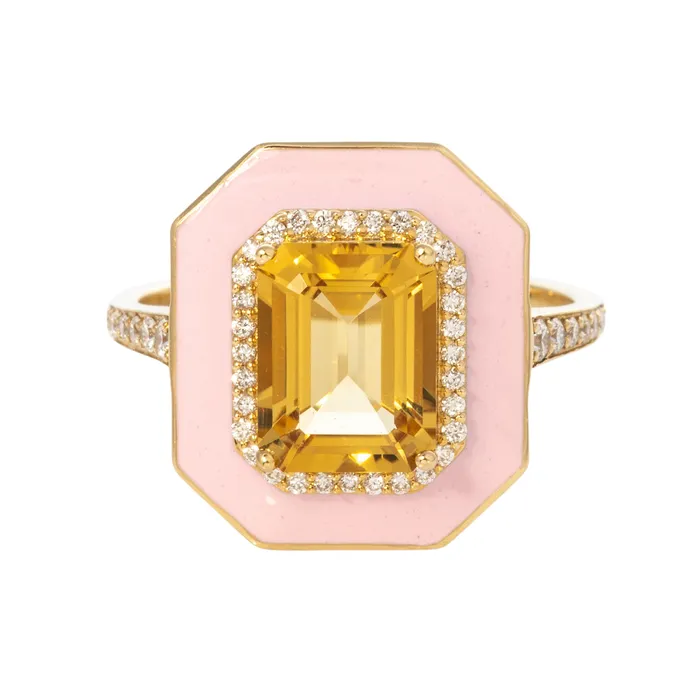 Goshwara Rings Goshwara Citrine Diamond Pink Enamel 18K Gold Ring
