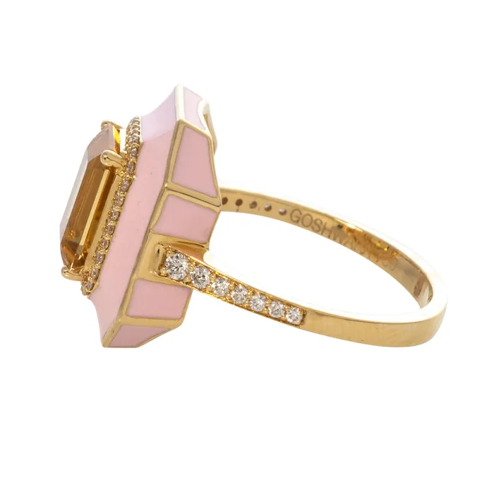 Goshwara Rings Goshwara Citrine Diamond Pink Enamel 18K Gold Ring