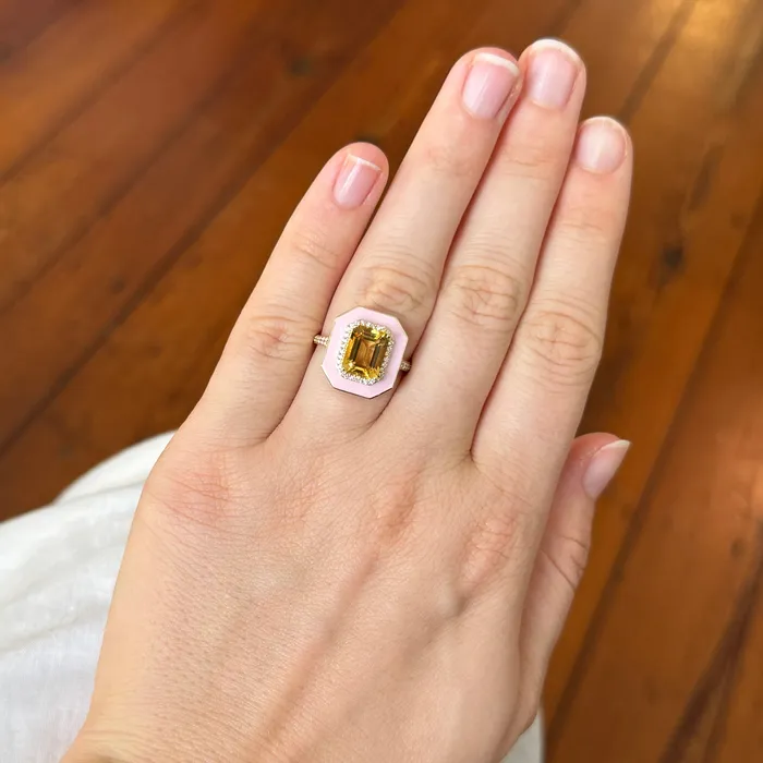 Goshwara Rings Goshwara Citrine Diamond Pink Enamel 18K Gold Ring