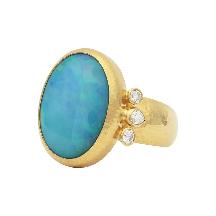 Gurhan OneofaKind 24K Yellow Gold Cabochon Ethiopian Opal Bezel Set Ring with Rose Cut and Round Diamond Gurhan Rings Gurhan OneofaKind 24K Yellow Gold Cabochon Ethiopian Opal Bezel Set Ring with Rose Cut and Round Diamond Gurhan Rings