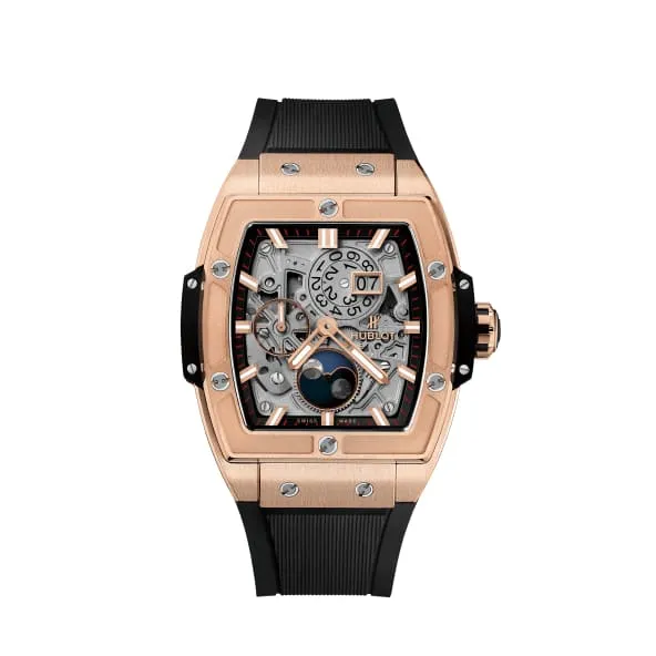 Hublot Hublot Spirit of Big Bang Moonphase King Gold 42mm Watch Ref 647OX1138RX Skeleton Dial in 18K Rose Gold Case Black Lined Rubber Strap PreStyled Sets Hublot Hublot Spirit of Big Bang Moonphase King Gold 42mm Watch Ref 647OX1138RX Skeleton Dial in 18K Rose Gold Case Black Lined Rubber Strap PreStyled Sets