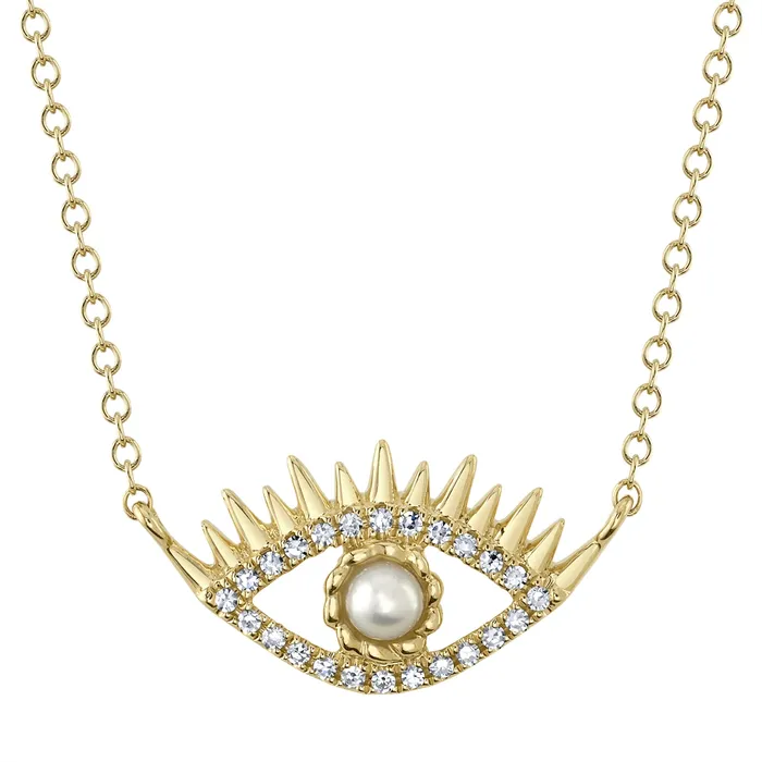 Meierotto Jewelers 14K Yellow Gold Diamond and Cultured Pearl Eye Necklace Necklaces Meierotto Jewelers 14K Yellow Gold Diamond and Cultured Pearl Eye Necklace Necklaces