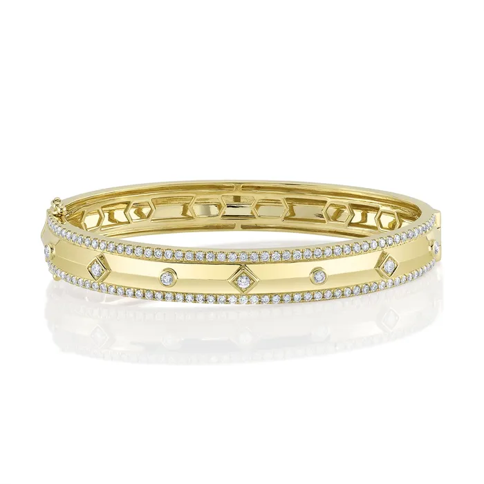 Meierotto Jewelers Bracelets 14K Yellow Gold Clasped Bangle Bracelet with Diamond Edges and Bezel Set Diamond Center Meierotto Jewelers Bracelets 14K Yellow Gold Clasped Bangle Bracelet with Diamond Edges and Bezel Set Diamond Center