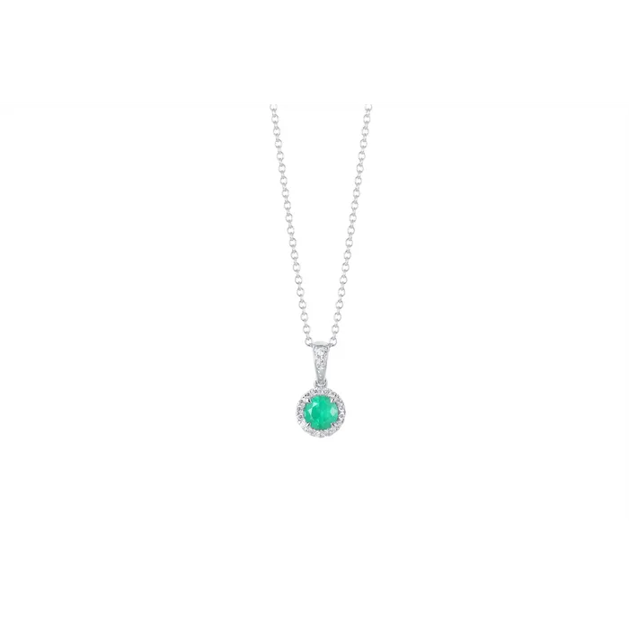 Meierotto Jewelers Necklaces 14K White Gold Round Emerald Pendant Necklace with Diamond Halo