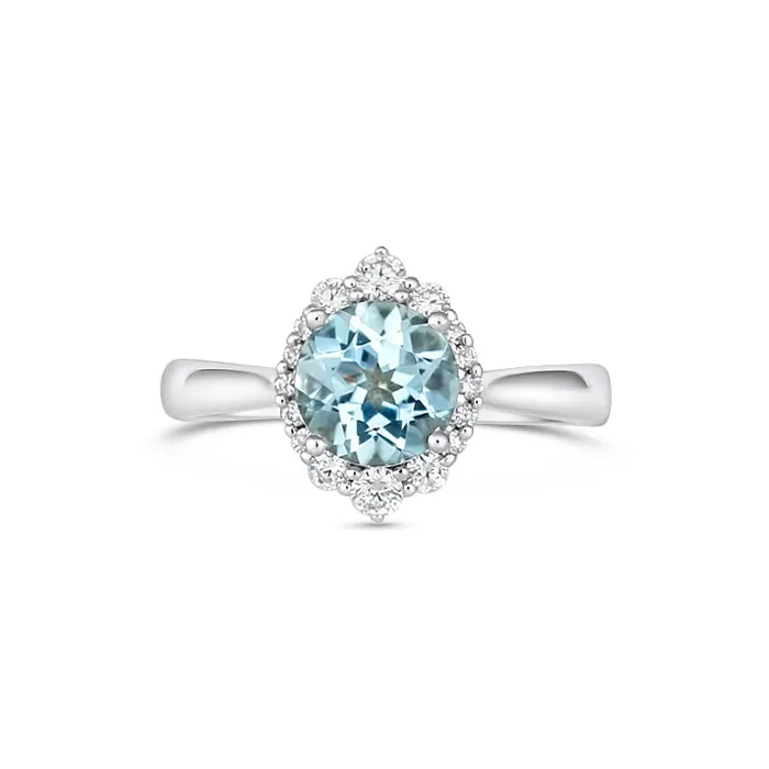 Meierotto Jewelers Rings 14K White Gold Aquamarine and Diamond Ring with Diamond Halo Meierotto Jewelers Rings 14K White Gold Aquamarine and Diamond Ring with Diamond Halo