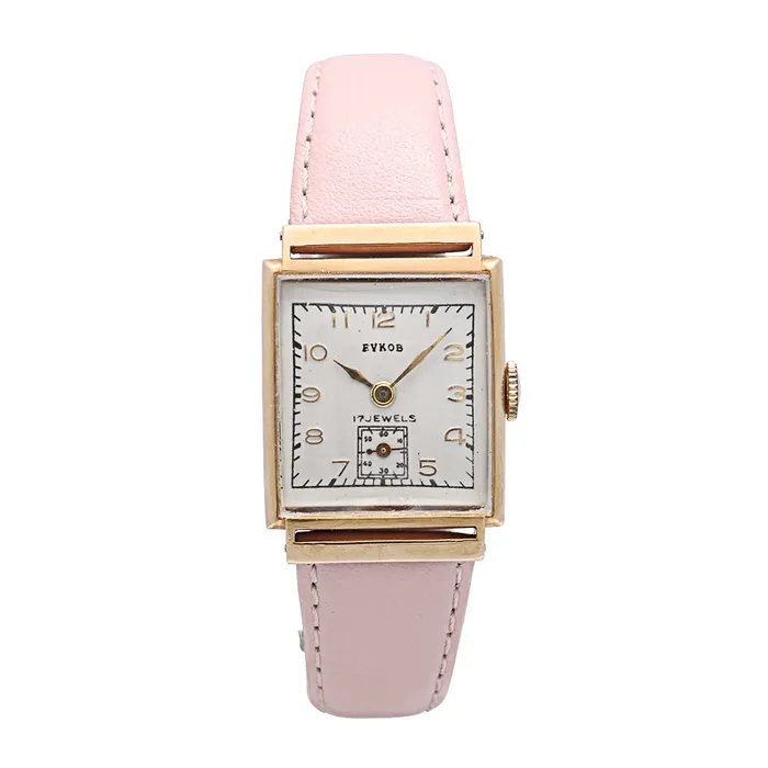 Meierotto Jewelers Watches Vintage EVKOB Watch 14K Yellow Gold White Arabic Dial Pink Leather PreownedSold As Is