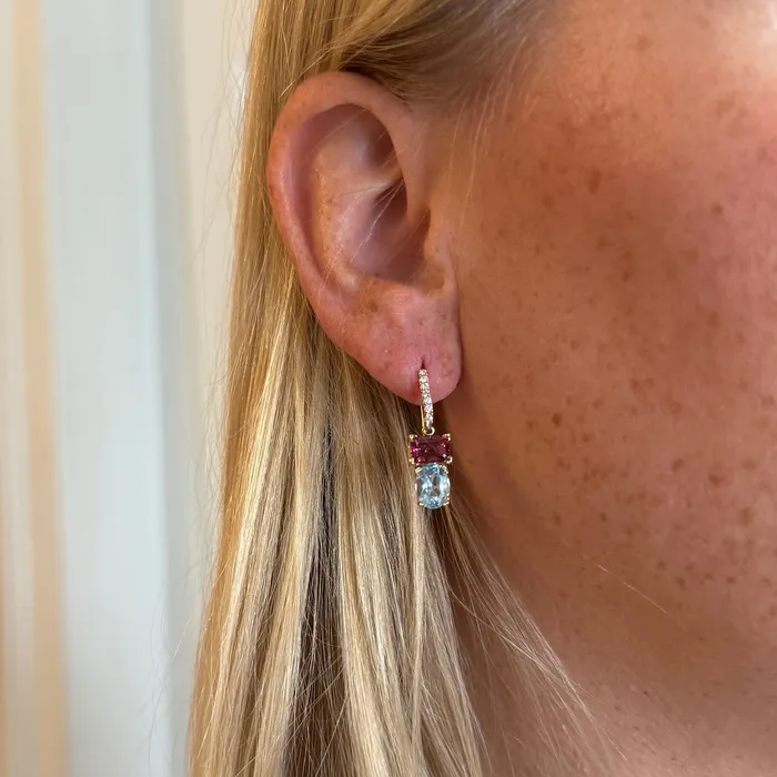 Mini Collection Earrings Blue Topaz Pink Tourmaline 14K Gold River Earrings