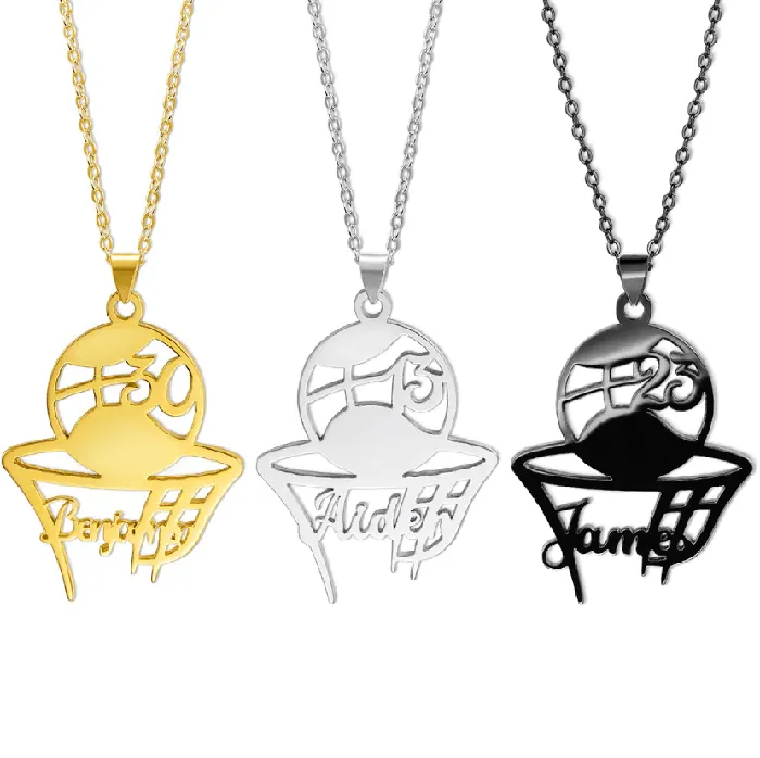 Necklaces Belbren Personalized Basketball Pendant Necklace Customizable with Name and Jersey Number Available in Sterling Silver Stainless Steel or Brass