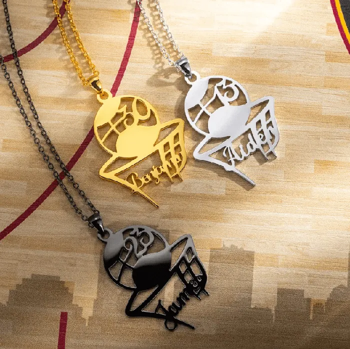 Necklaces Belbren Personalized Basketball Pendant Necklace Customizable with Name and Jersey Number Available in Sterling Silver Stainless Steel or Brass
