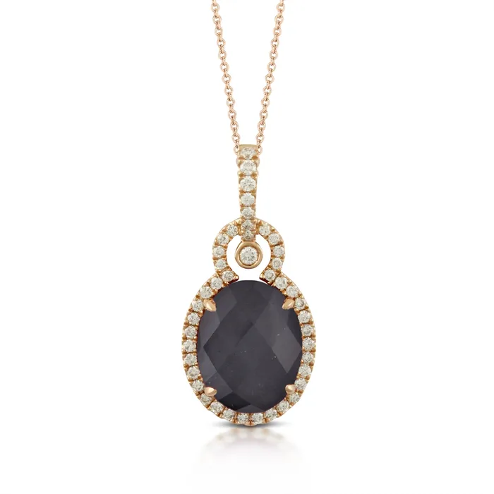 Necklaces Doves Doves 18K Rose Gold Oval Clear Quartz over Hematite with Diamond Halo Pendant Necklaces Doves Doves 18K Rose Gold Oval Clear Quartz over Hematite with Diamond Halo Pendant