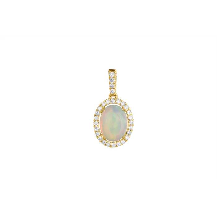 Necklaces Meierotto Jewelers 14K Yellow Gold Oval Opal with Diamond Halo Pendant