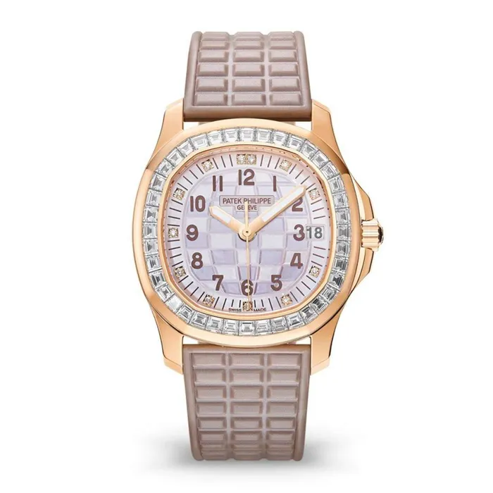 Necklaces Patek Philippe Patek Philippe Aquanaut Luce 356mm Watch Ref 5072R001 Beige Mother of Pearl Diamond Dial Bezel 18K Rose Gold Pearly Beige Polymer Rubber Strap