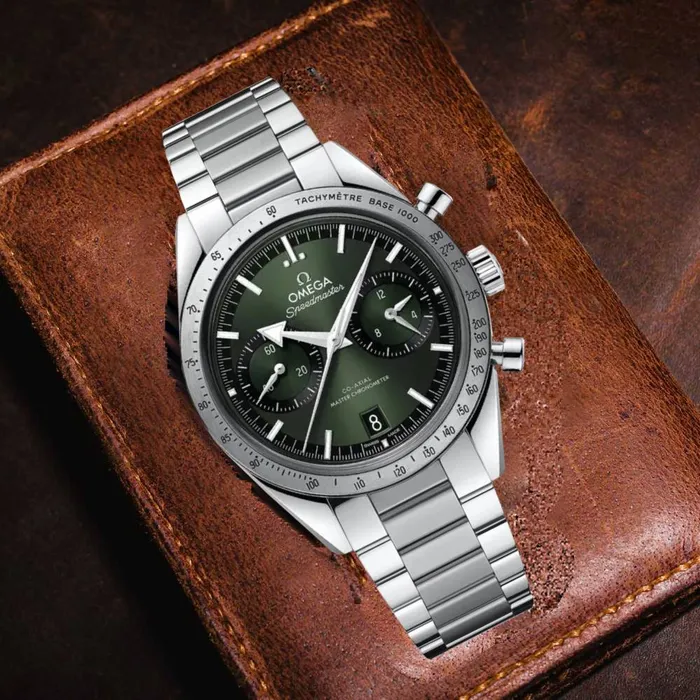 Omega Speedmaster 57 405mm Watch Ref 33210415110001 Green Dial Stainless Steel Bracelet Omega Bracelets