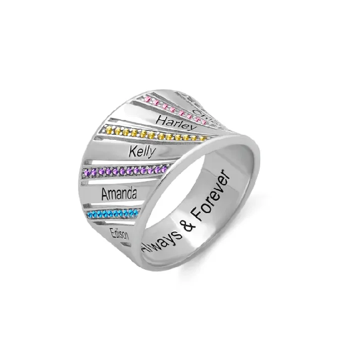 Personalized Family Name and Birthstone Engraved Ring in Silver Gold and Rose Gold Customizable Jewelry Gift for Loved Ones Belbren Rings