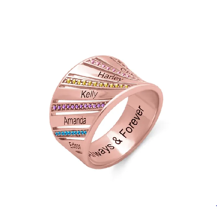 Personalized Family Name and Birthstone Engraved Ring in Silver Gold and Rose Gold Customizable Jewelry Gift for Loved Ones Belbren Rings