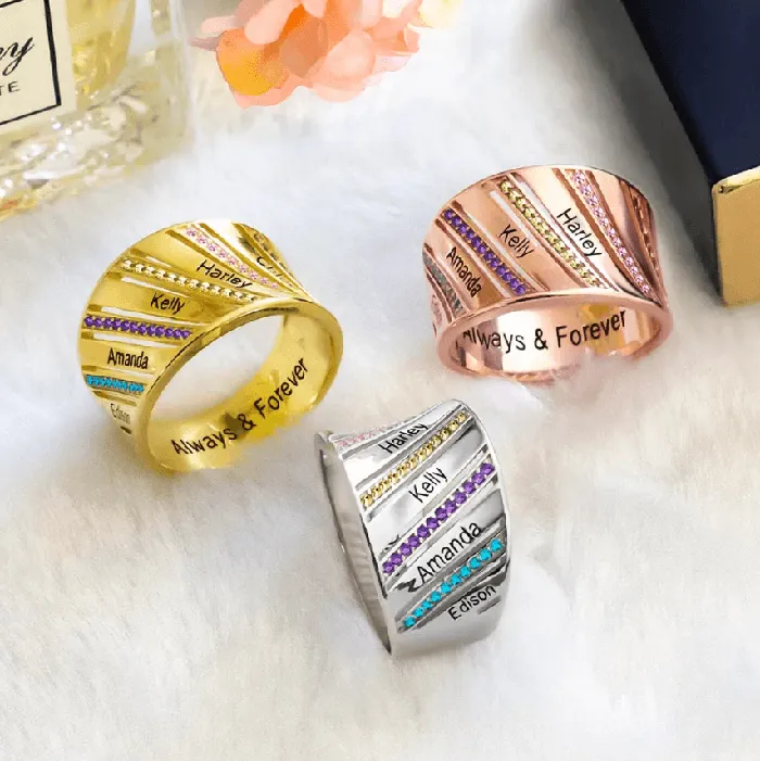 Personalized Family Name and Birthstone Engraved Ring in Silver Gold and Rose Gold Customizable Jewelry Gift for Loved Ones Belbren Rings