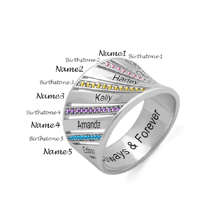 Personalized Family Name and Birthstone Engraved Ring in Silver Gold and Rose Gold Customizable Jewelry Gift for Loved Ones Belbren Rings