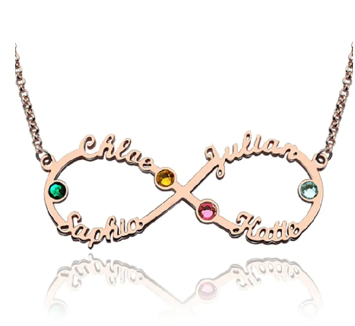 Personalized Infinity Necklace with Custom Names and Birthstones 925 Sterling Silver Gold Rose Gold Platinum Finish Belbren Necklaces