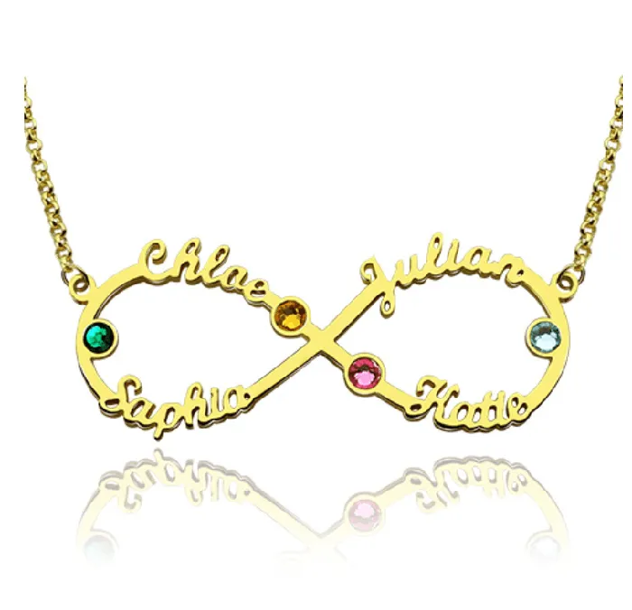 Personalized Infinity Necklace with Custom Names and Birthstones 925 Sterling Silver Gold Rose Gold Platinum Finish Belbren Necklaces