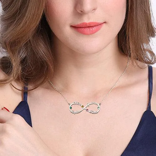 Personalized Infinity Necklace with Custom Names and Birthstones 925 Sterling Silver Gold Rose Gold Platinum Finish Belbren Necklaces