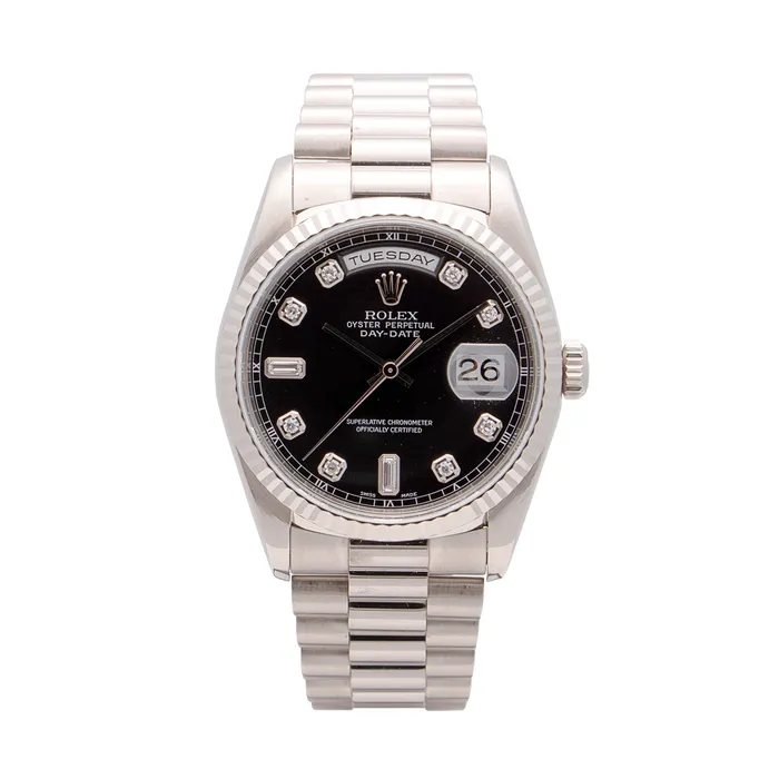 PreStyled Sets Preowned Rolex Rolex DayDate 36 President 18K White Gold Black Diamond Dial Automatic Preowned PreStyled Sets Preowned Rolex Rolex DayDate 36 President 18K White Gold Black Diamond Dial Automatic Preowned