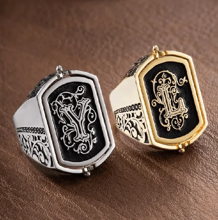 Rings Belbren Personalized Mens Monogram Double Initial Flip Ring Customizable Anxiety Relief Jewelry in Sterling Silver or Brass